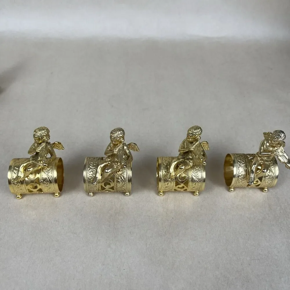 VTG 8pc Gold Tone Metal Angel Playing Violin Filigree Napkin‎ Ring Holder Signed